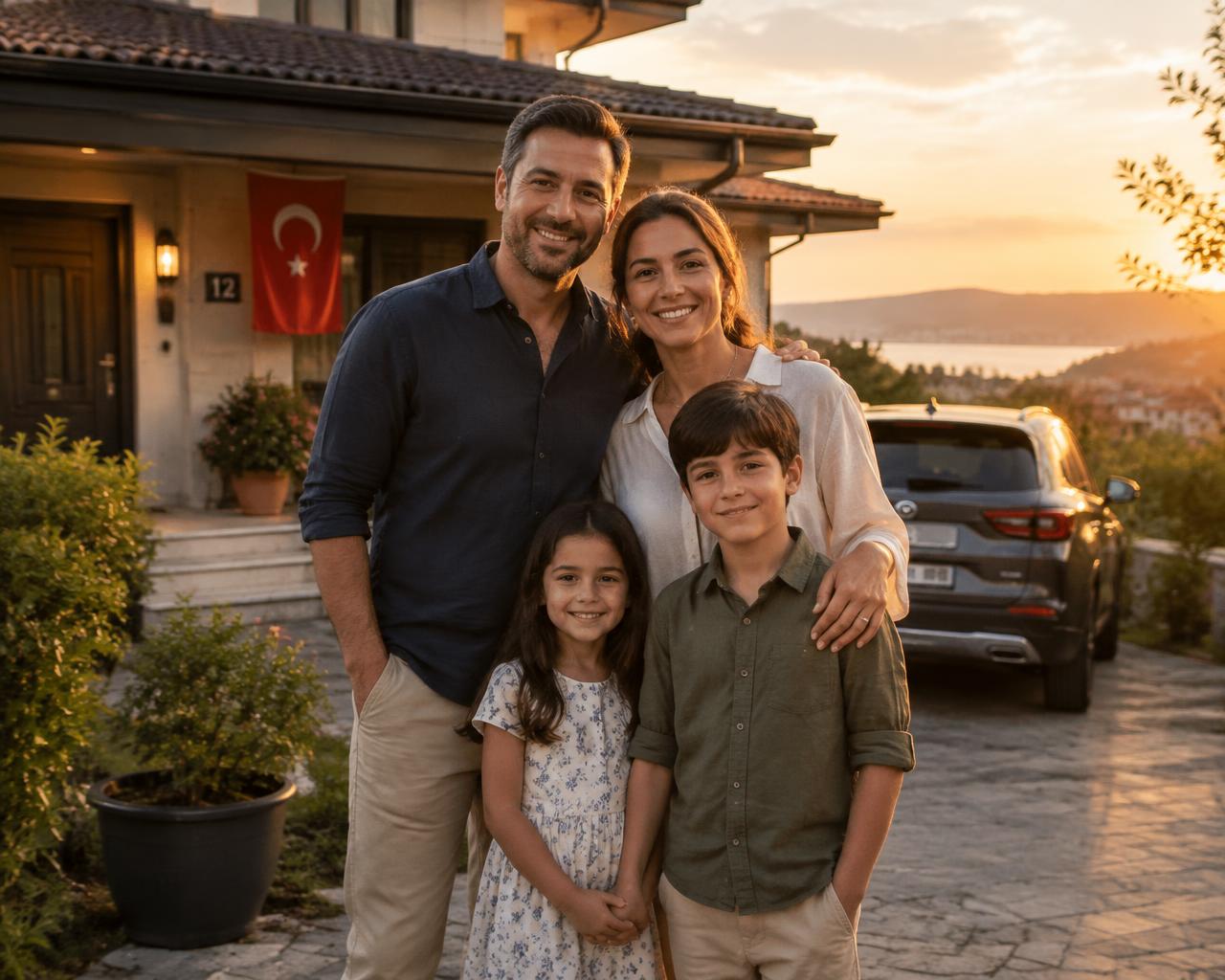 Evinin önünde mutlu bir aile